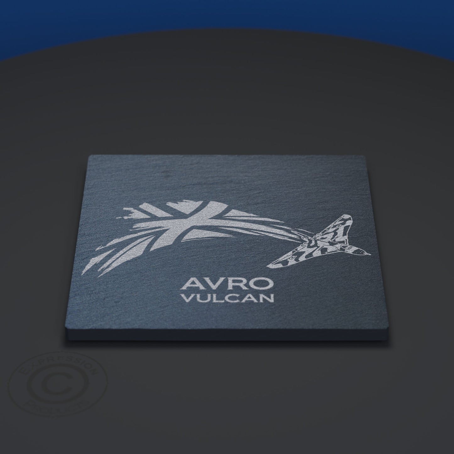 Slate Coaster With An Engraved Image Of A Vulcan Bomber With A Union Jack Flag Flying From The Back Of It