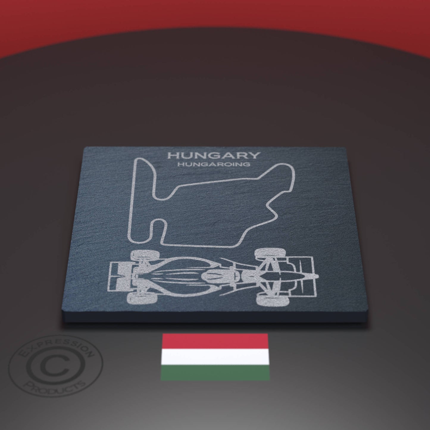 Hungarian Hungaroring F1 Circuit Engraved Whiskey Tumbler Glass And Slate Coaster Set, Etched Formula One Grand Prix Glass & Natural Coaster
