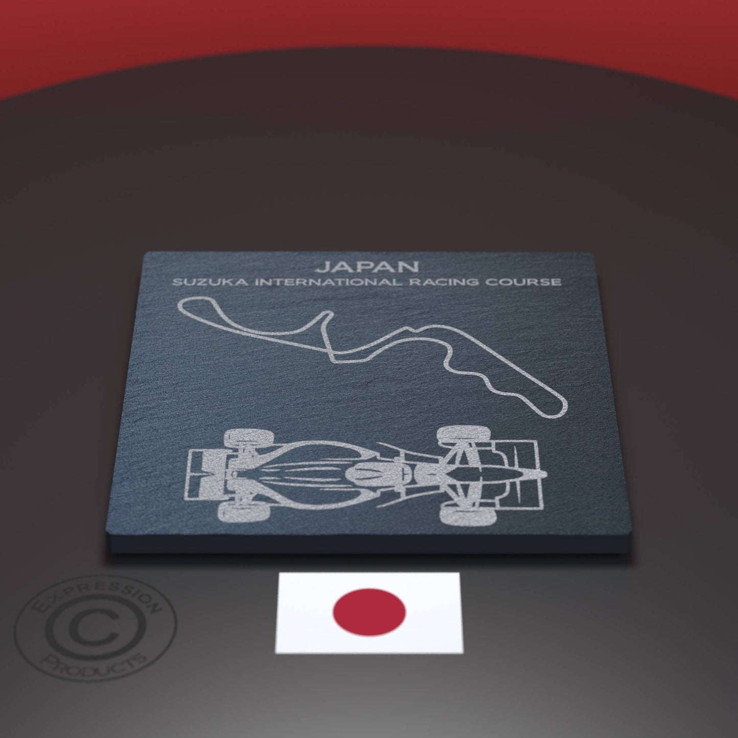 Japanese F1 Circuit Engraved Whiskey Tumbler Glass And Slate Coaster Set, Etched Formula One Grand Prix Glass & Natural Coaster