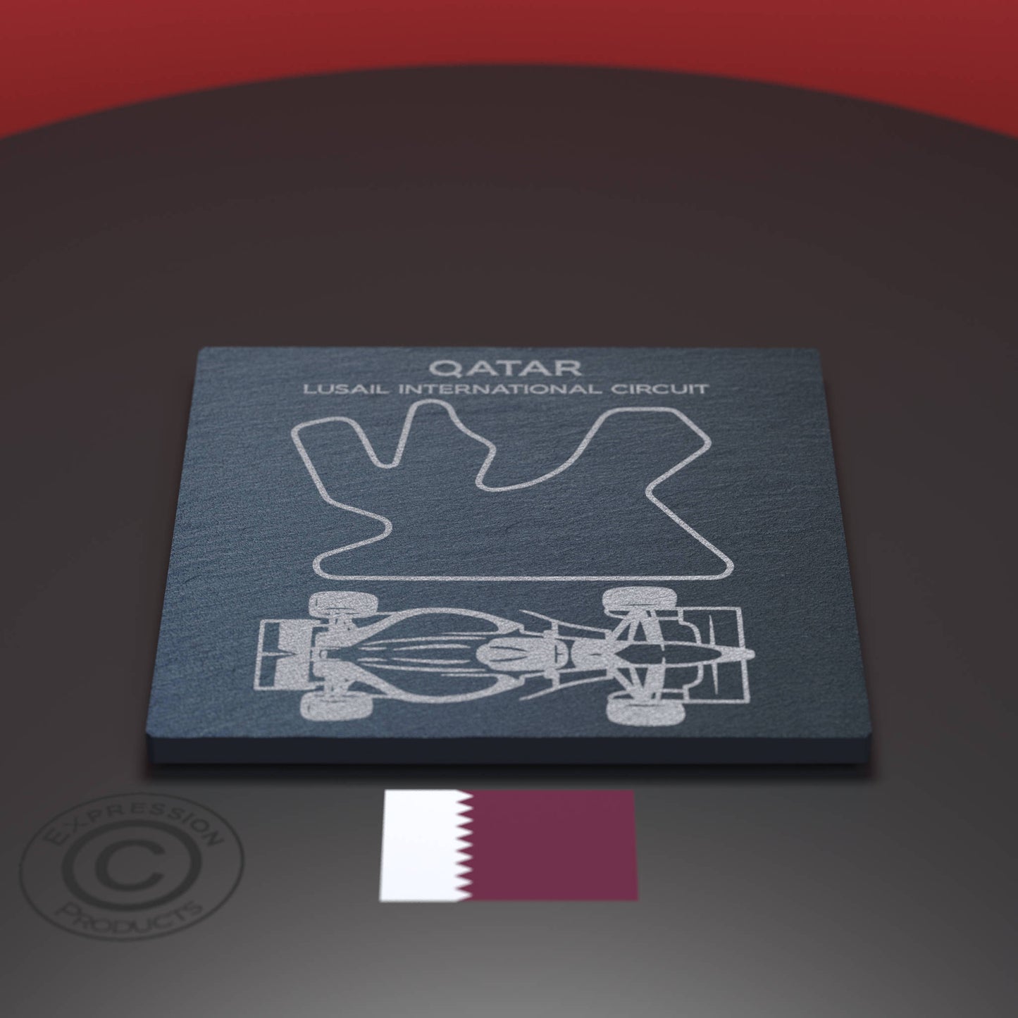 Lusail International Circuit F1 Engraved Whiskey Tumbler Glass And Slate Coaster Set, Etched Formula One Grand Prix Glass & Natural Coaster