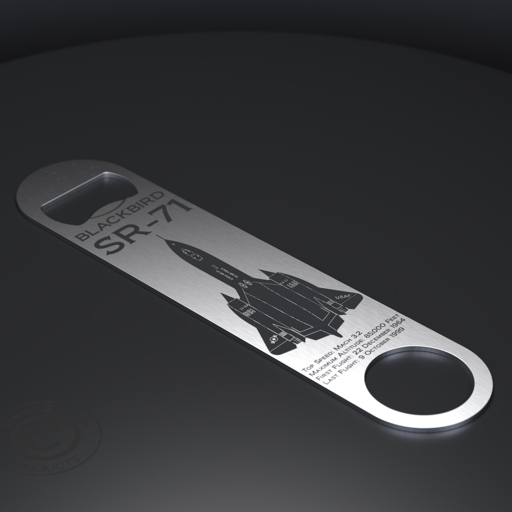 This SR-71 Blackbird Engraved Bottle Opener is crafted from durable stainless steel, it features a finely detailed engraving of the legendary SR-71.