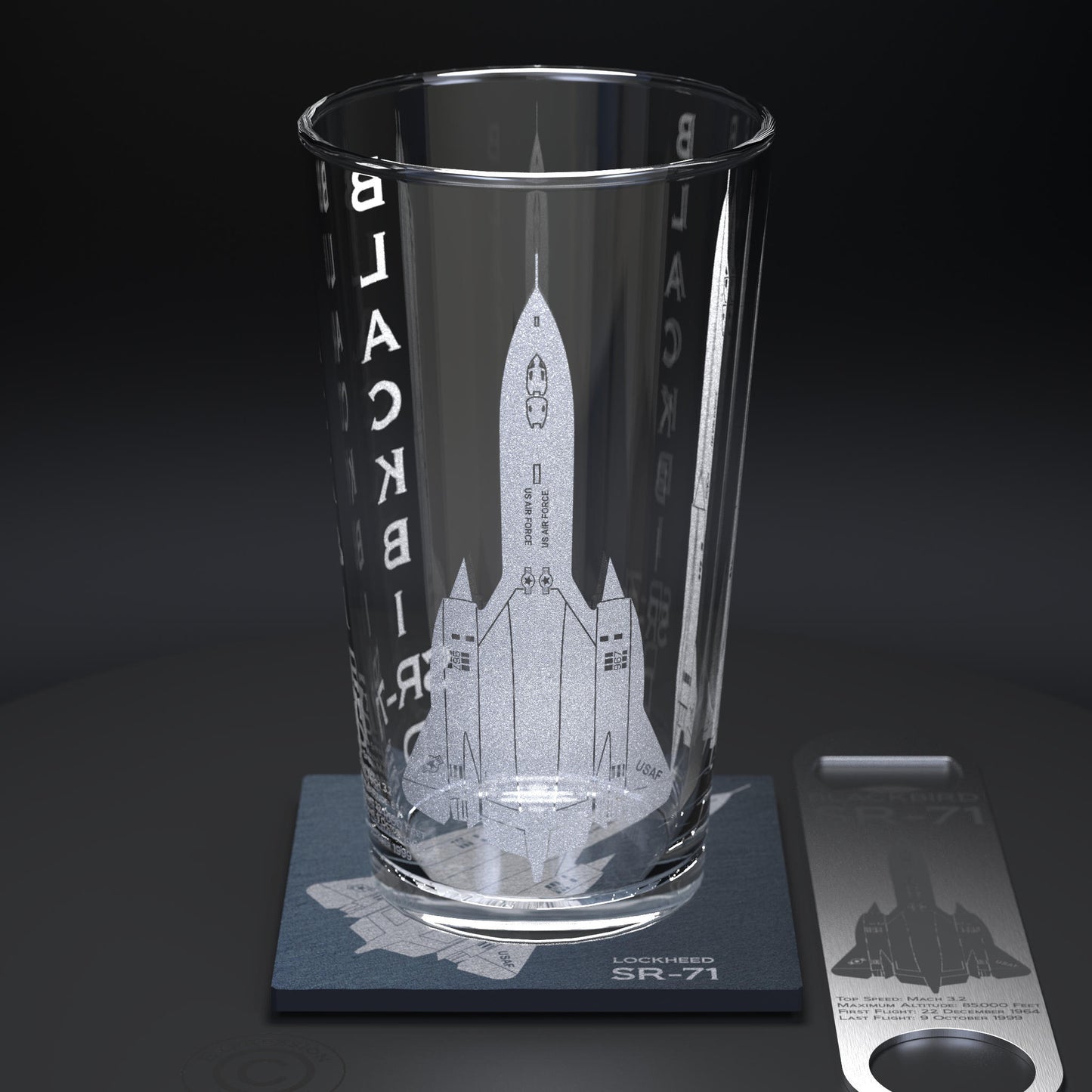 Blackbird SR-71 Engraved Pint Glass Set With Slate Coaster & Bottle Opener, USAF Lockheed Spy Beer Glass with Stone Coaster And Bar Blade
