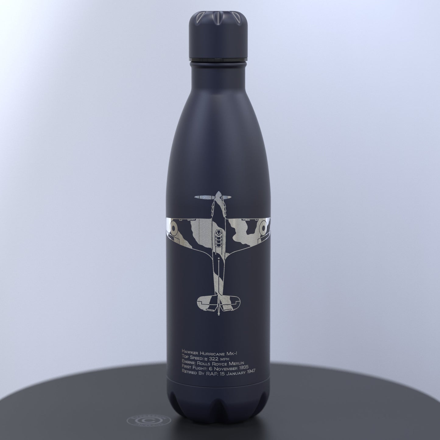 Matt Dark Blue Thermal Bottle Engraved With a Hawker Hurricane With Written Details About the Plane Engraved Under the Image