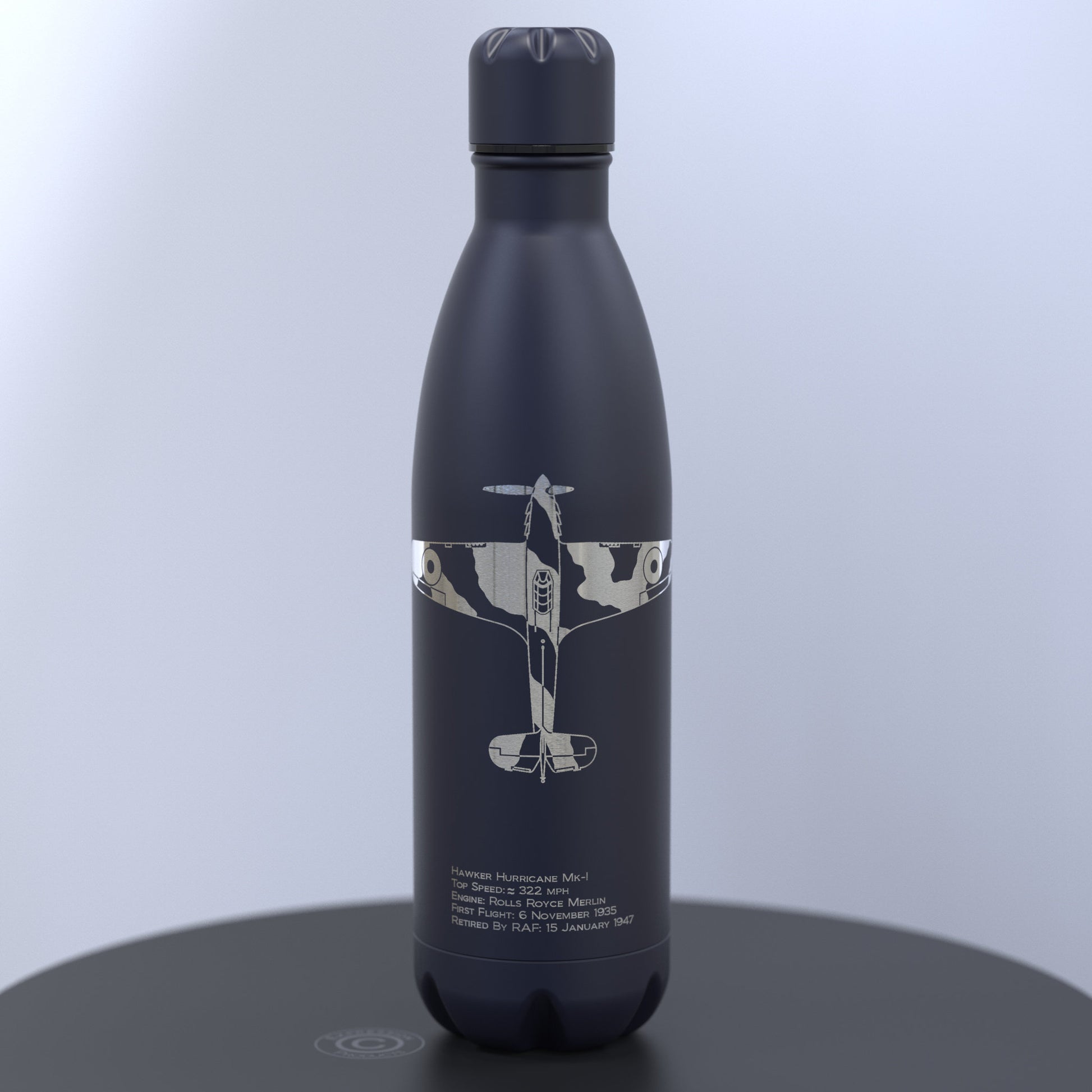 Matt Dark Blue Thermal Bottle Engraved With a Hawker Hurricane With Written Details About the Plane Engraved Under the Image