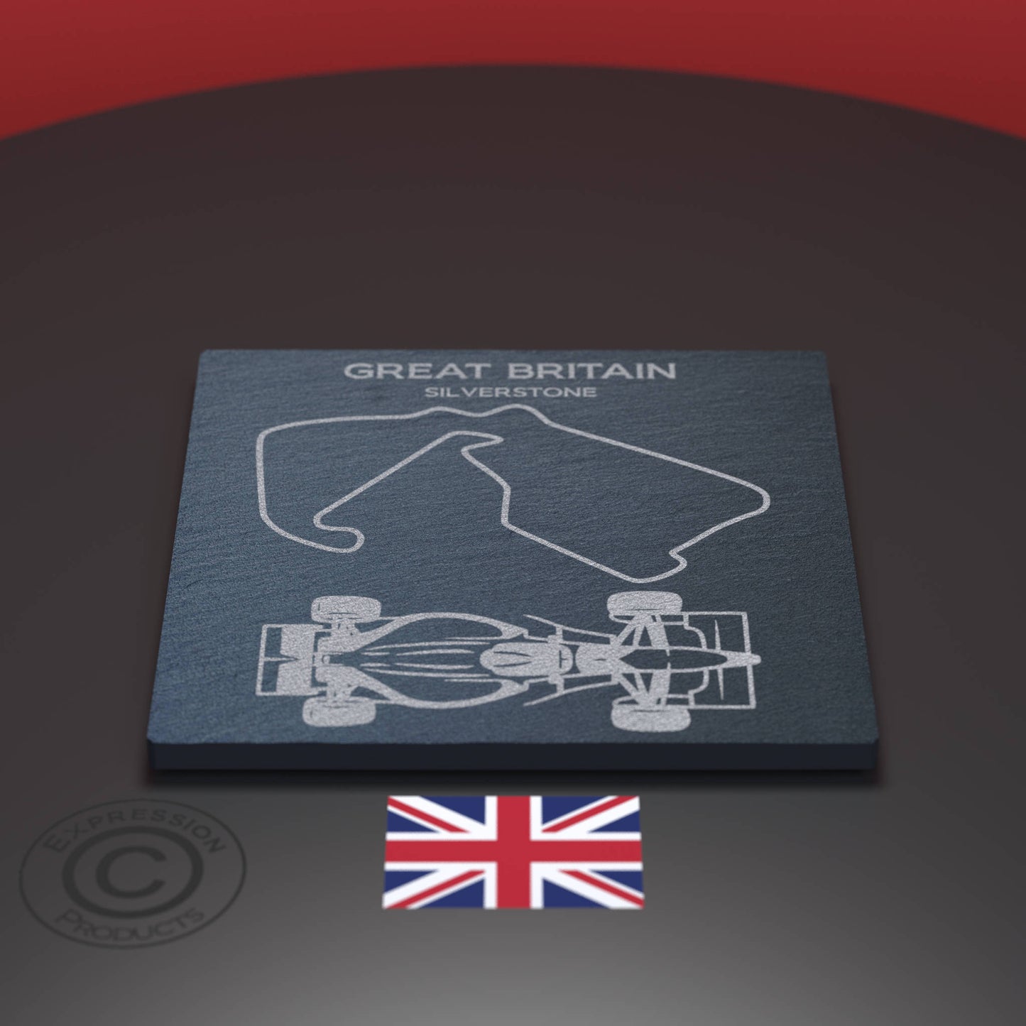 Slate Coaster Engraved With The Great Britain Silverstone Track And An F1 Car 