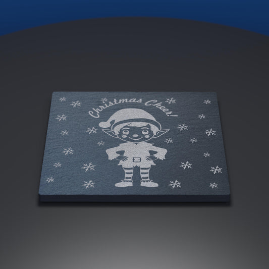 slate coaster engraved with christmas elf and christmas cheer text