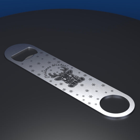 Stainless steel bottle opener engraved with cartoon style reindeer with Christmas Wishes wording