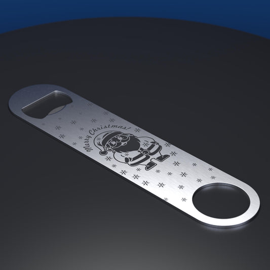 Stainless steel bottle opener engraved with cartoon santa and Merry Christmas text