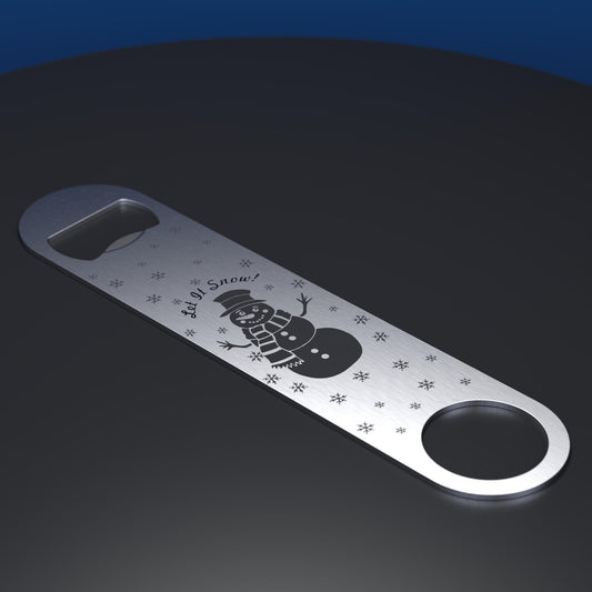 Stainless steel bottle opener engraved with a cartoon snowman and Let it Snow text