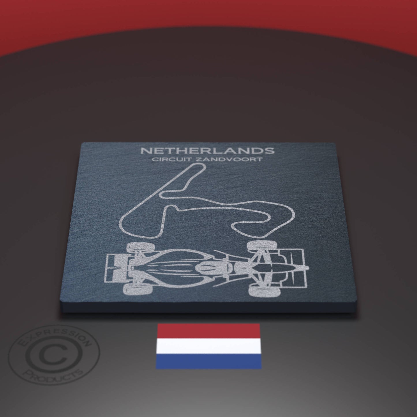 Dutch Grand Prix F1 Engraved Whiskey Tumbler Glass And Slate Coaster Set, Zandvoort Circuit Glass & Natural Coaster