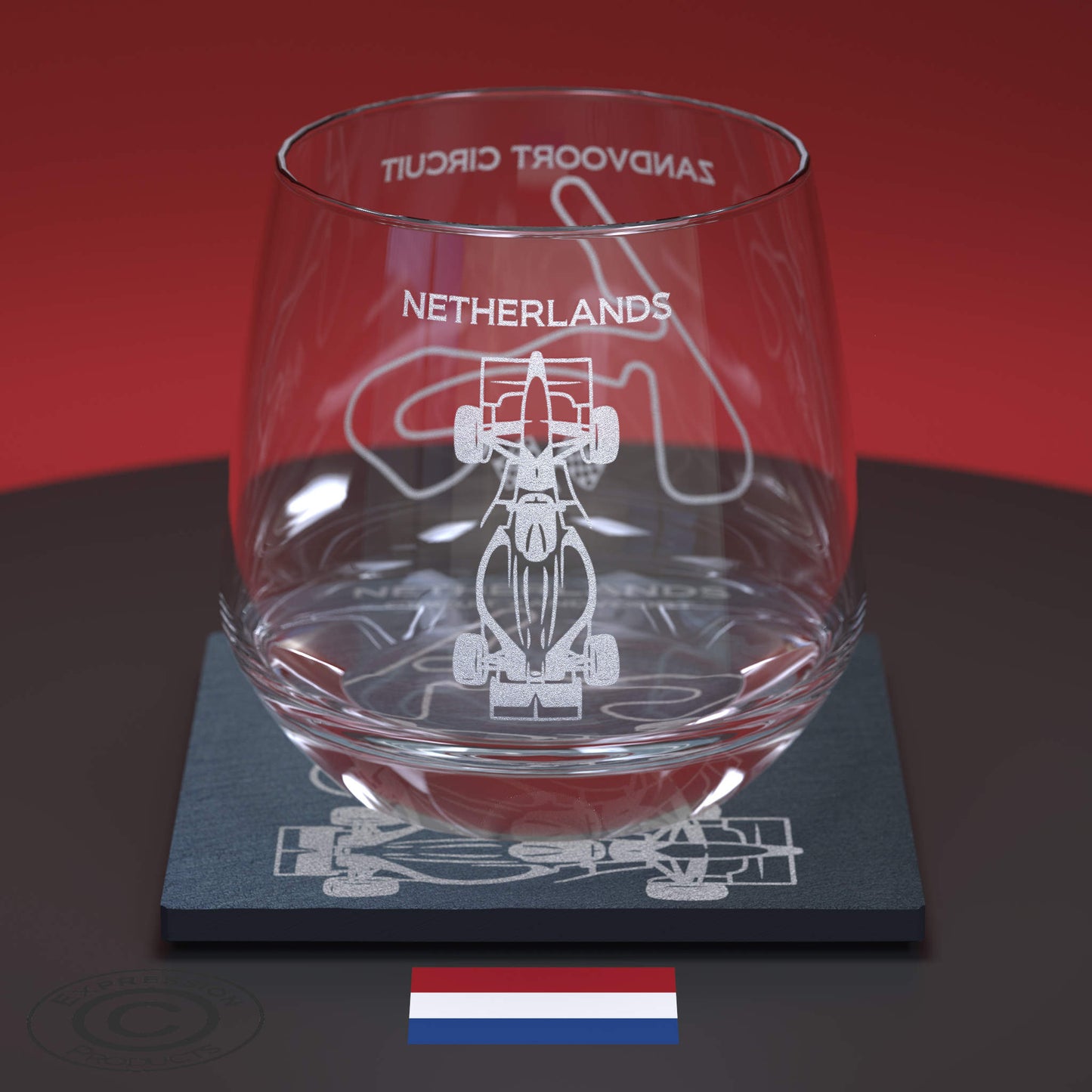 Dutch Grand Prix F1 Engraved Whiskey Tumbler Glass And Slate Coaster Set, Zandvoort Circuit Glass & Natural Coaster