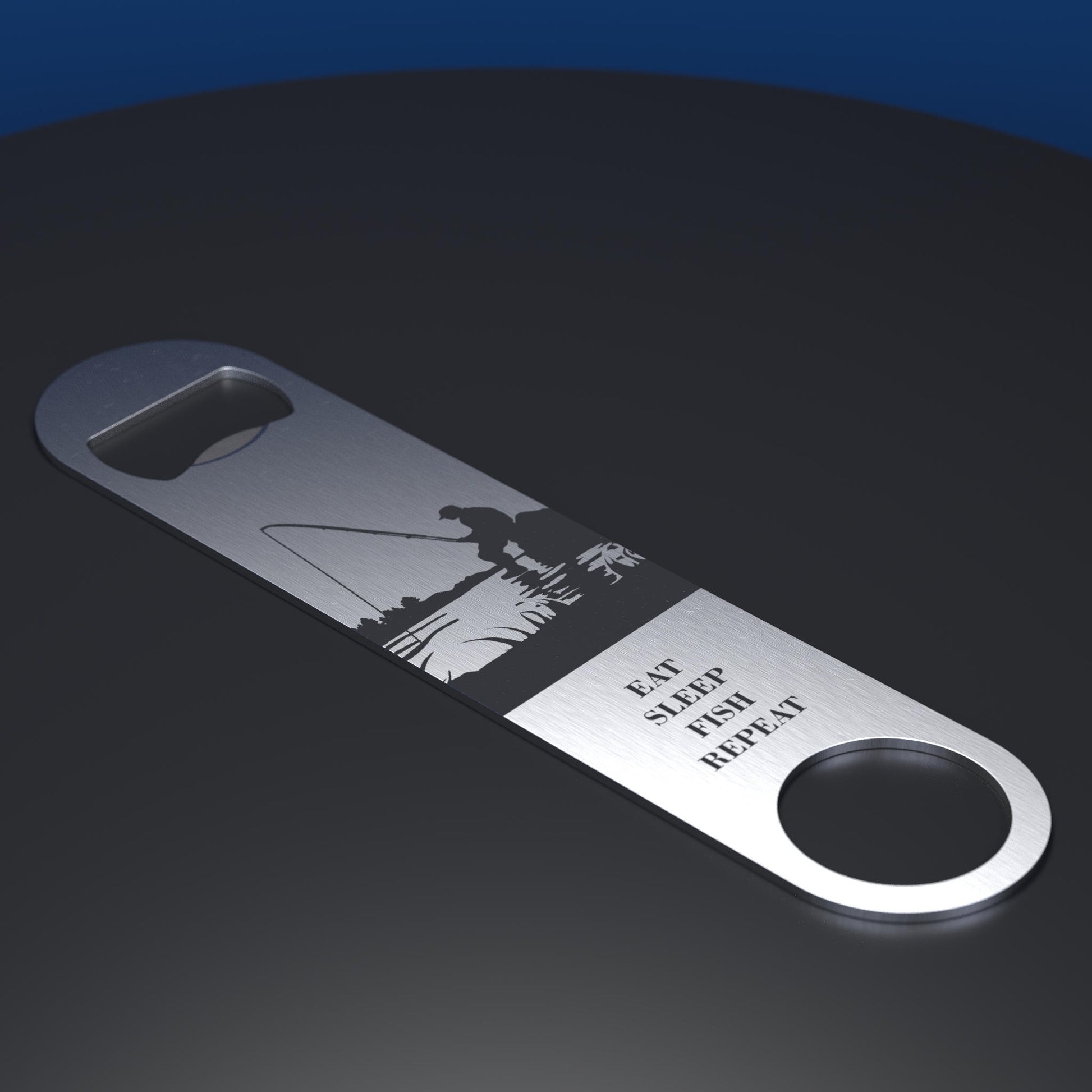 Stainless Steel bottle opener engraved with fishing theme and Eat, Sleep, Fish, Repeat text