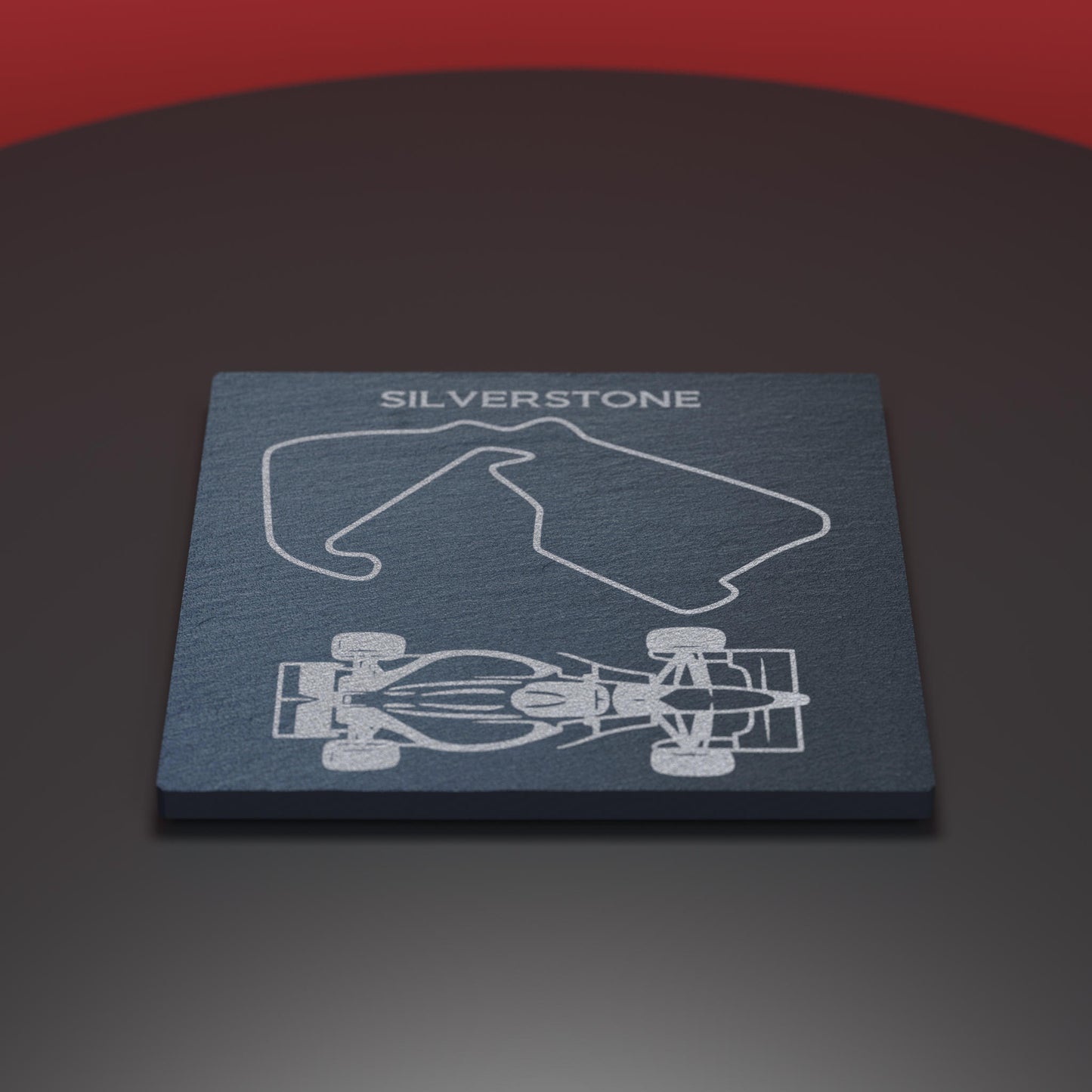 Slate coaster  engraved with F1 car and silverstone track