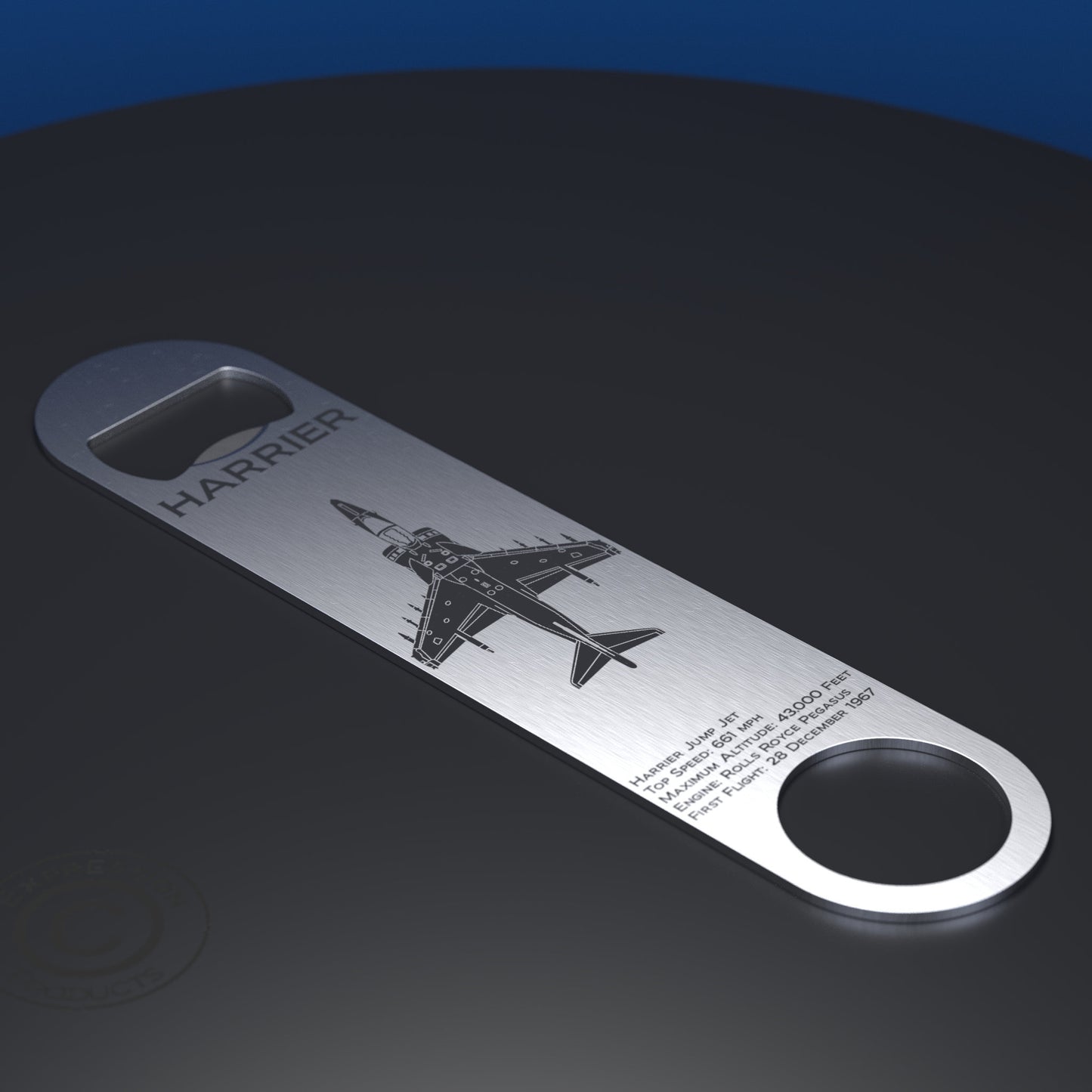 Harrier Jump Jet Engraved Pint Glass Set with Slate Coaster and Bottle Opener, RAF Harrier Beer Glass with Natural Stone Coaster & Bar Blade