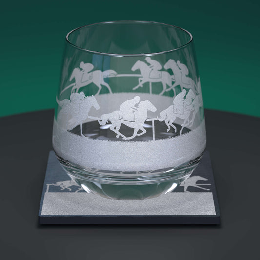 Glass whiskey tumbler set comprising glass and slate coaster engraved with a horse racing scene