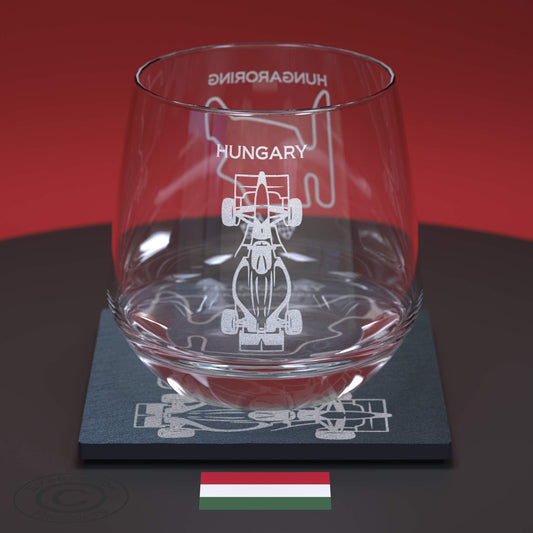 Hungarian Hungaroring F1 Circuit Engraved Whiskey Tumbler Glass And Slate Coaster Set, Etched Formula One Grand Prix Glass & Natural Coaster