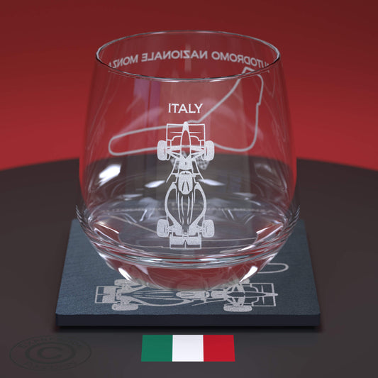 Italian Circuit F1 Engraved Whiskey Tumbler Glass And Slate Coaster Set, Formula One Grand Prix Glass & Natural Coaster, Glass, Bar Mat