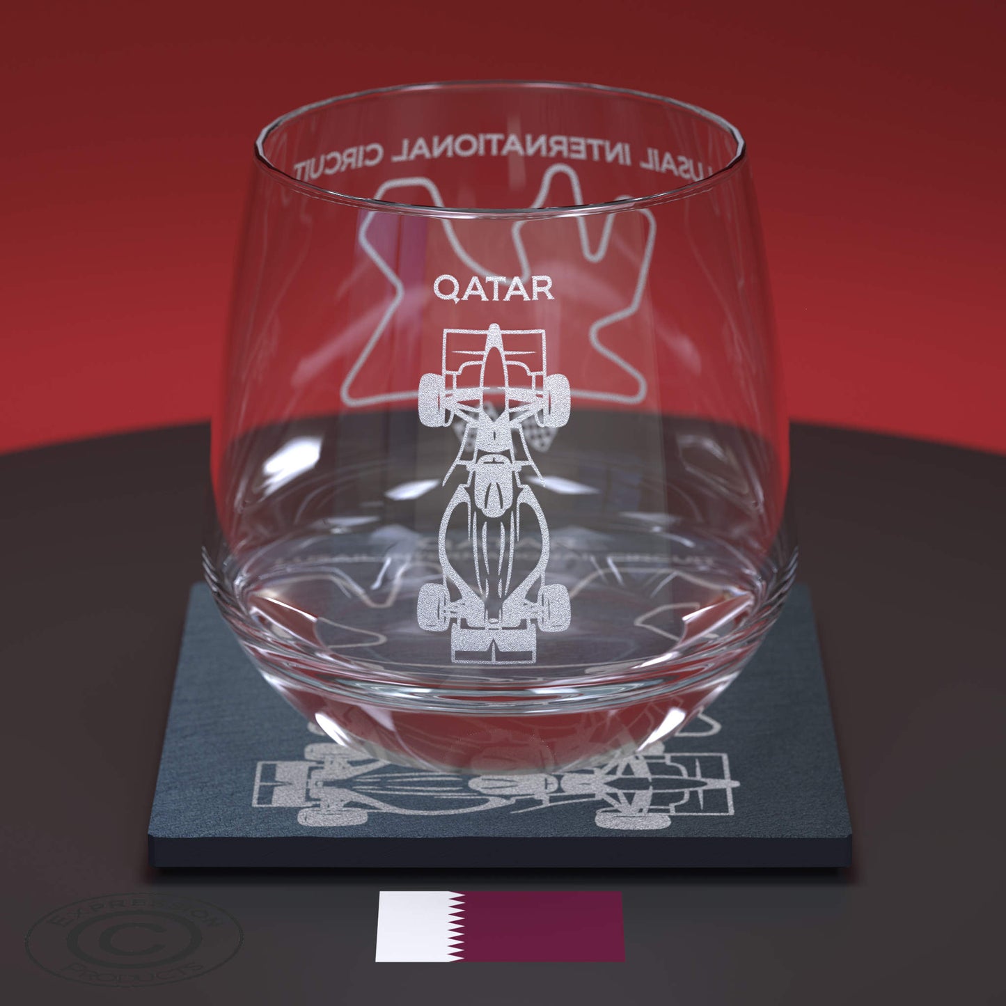 Lusail International Circuit F1 Engraved Whiskey Tumbler Glass And Slate Coaster Set, Etched Formula One Grand Prix Glass & Natural Coaster