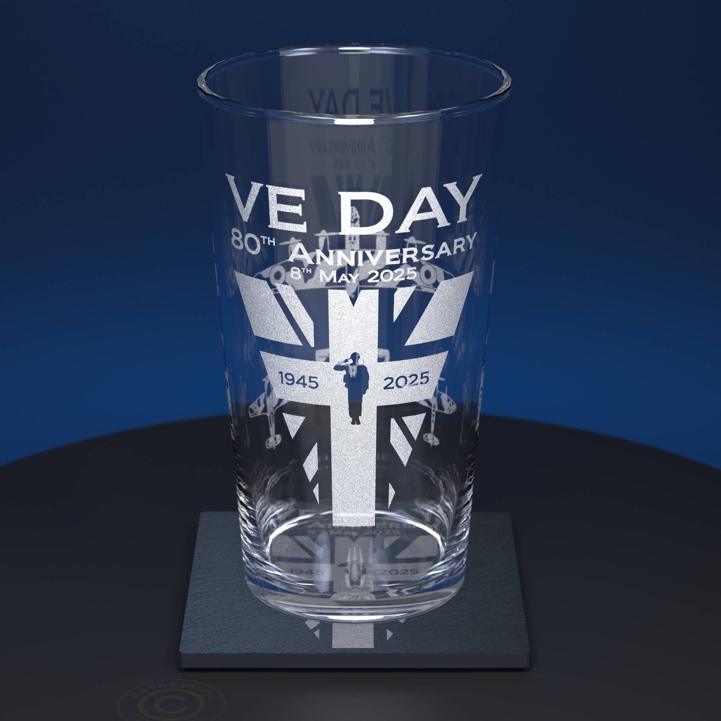 VE Day 80th Anniversary Engraved Pint Glass with Slate Coaster, Etched End of WW2 Victory in Europe Beer Glass with Natural Stone Coaster