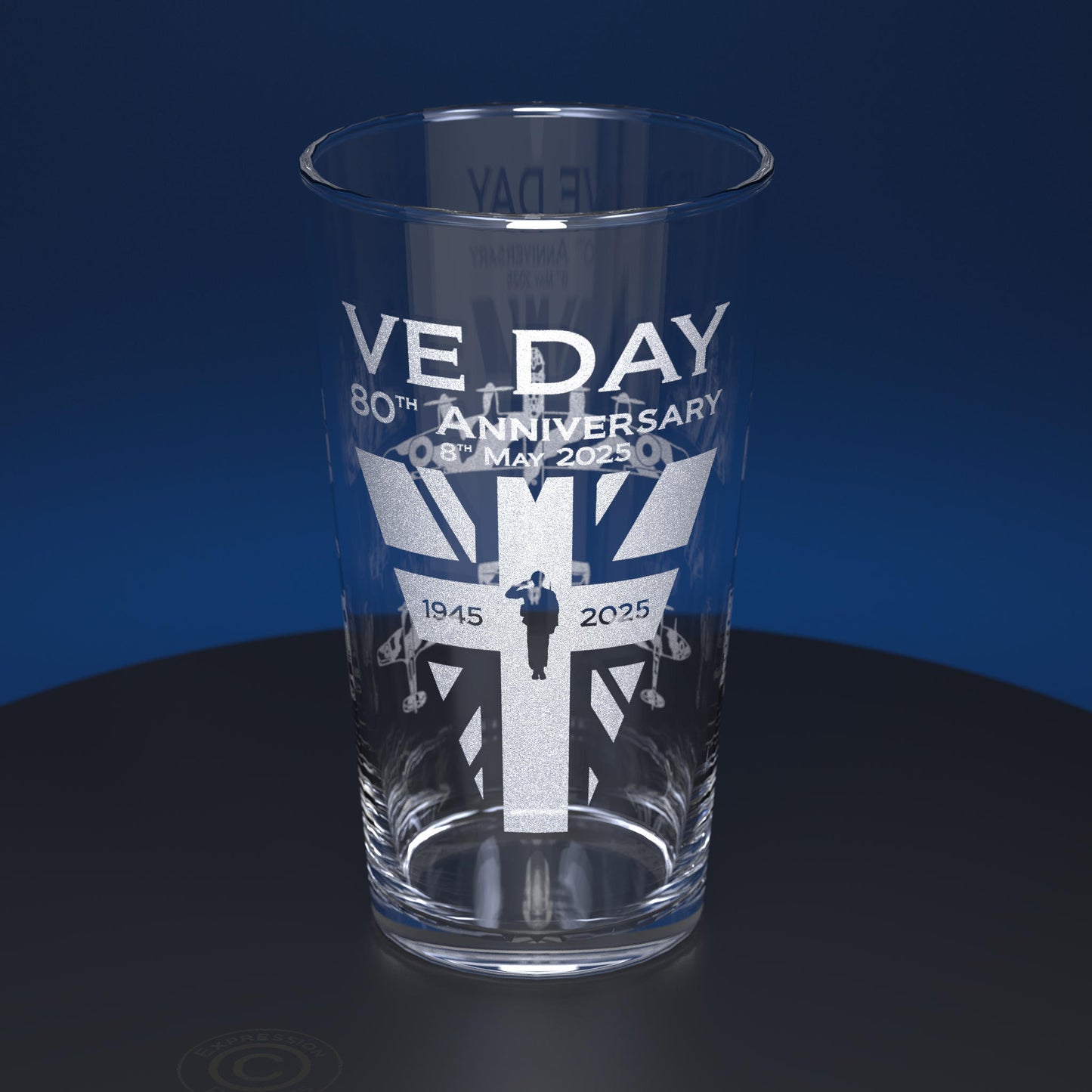 VE Day 80th Anniversary Engraved Pint Glass with Slate Coaster, Etched End of WW2 Victory in Europe Beer Glass with Natural Stone Coaster