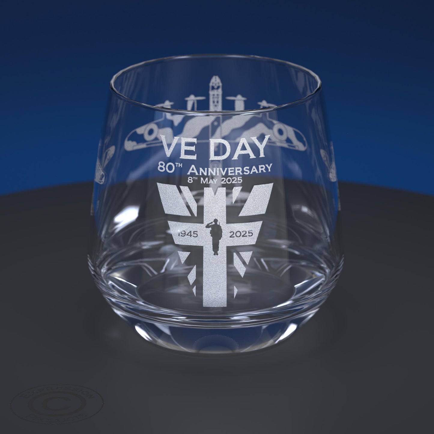 VE Day 80th Anniversary Engraved Tumbler Glass with Slate Coaster, Etched End of WW2 Victory in Europe Tumbler Glass with Natural Stone Coaster