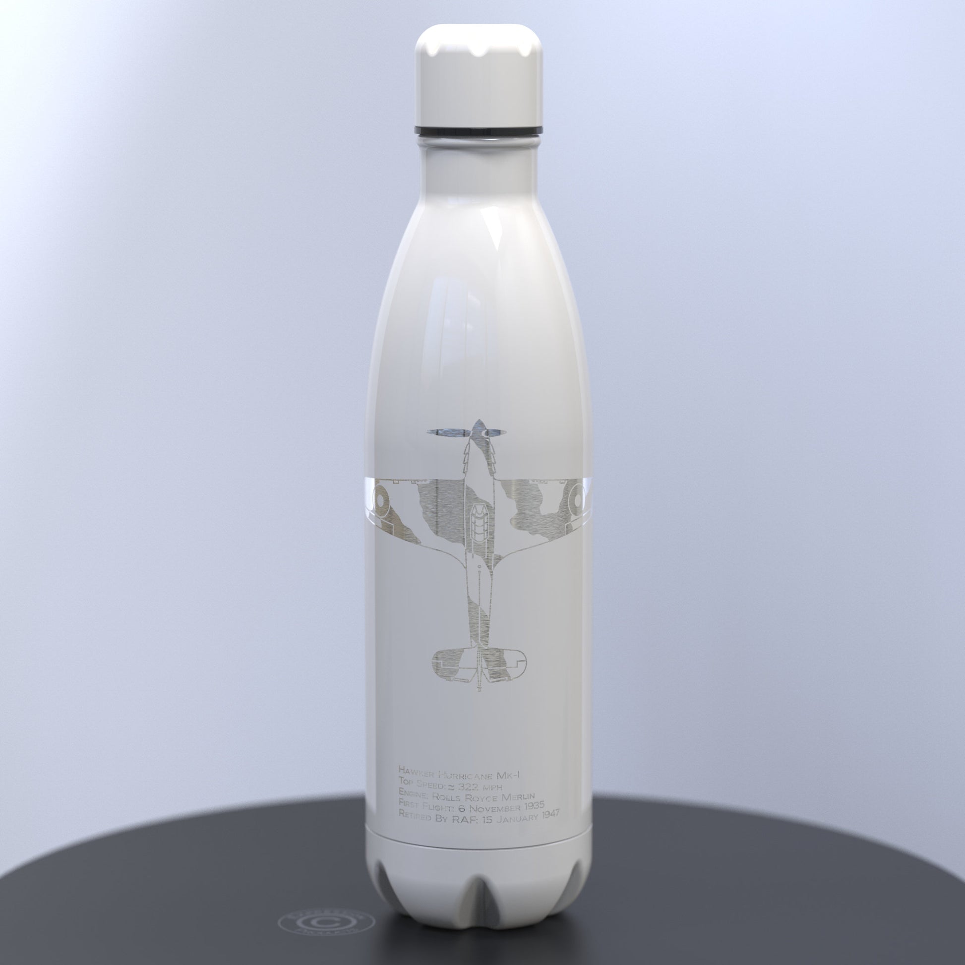 Gloss White Thermal Bottle Engraved With a Hawker Hurricane With Written Details About the Plane Engraved Under the Image